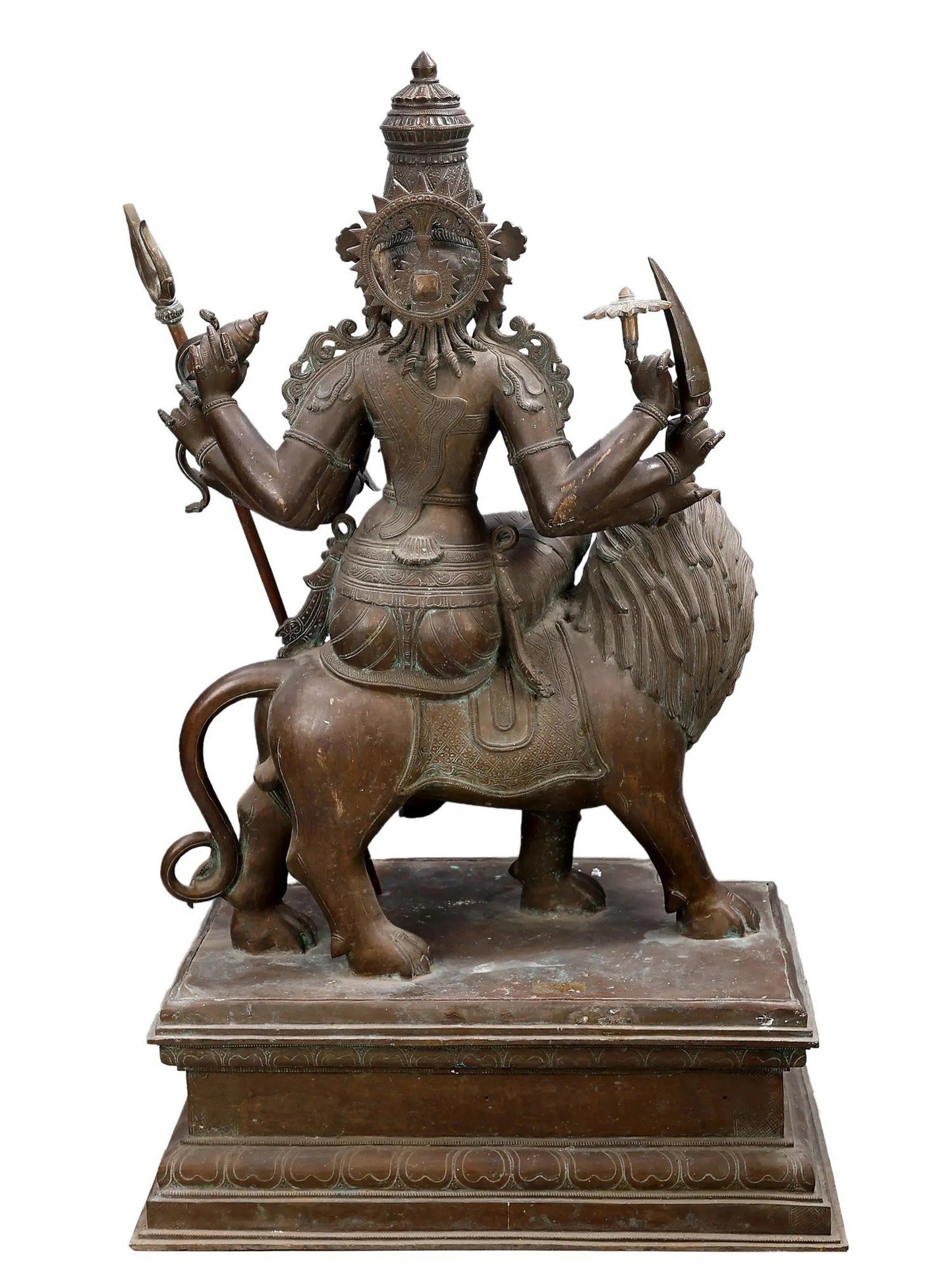 45" Large Eight Hands Goddess Durga Seated On Lion | Decorative Bronze Idol | Figurine For Gifting | Bronze Statue For Temple