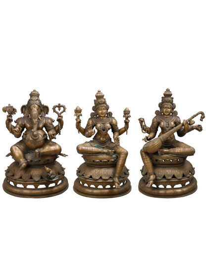 35" Large Lord Ganesha, Maa Lakshmi and Devi Saraswati (Set of 3 Bronze Statues)