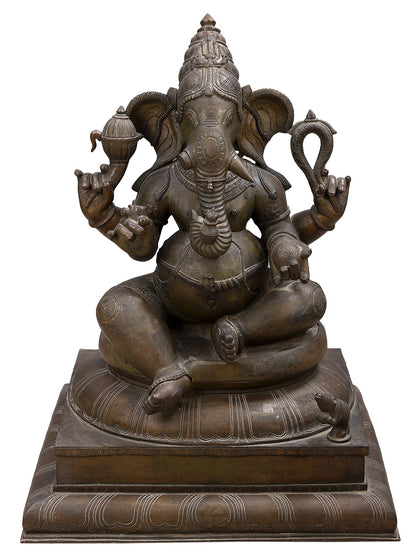 30" Sitting Chaturbhuja Lord Ganesha Bronze Sculpture | Bronze Statue