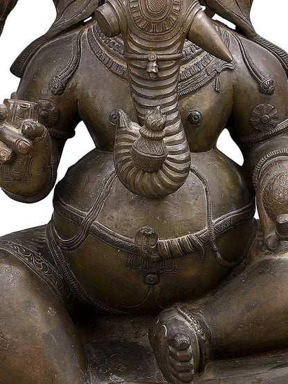 30" Sitting Chaturbhuja Lord Ganesha Bronze Sculpture | Bronze Statue