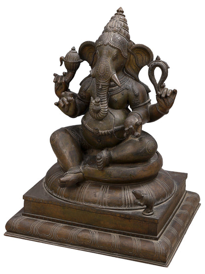 30" Sitting Chaturbhuja Lord Ganesha Bronze Sculpture | Bronze Statue