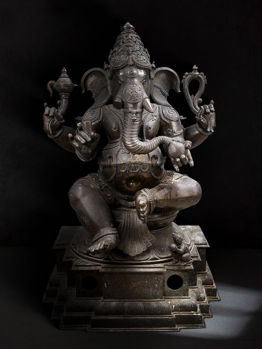 48" Large Sitting Chaturbhujadhari Lord Ganapati In Panchaloha Bronze | Made in Swamimalai Tamil Nadu | Bronze Statue