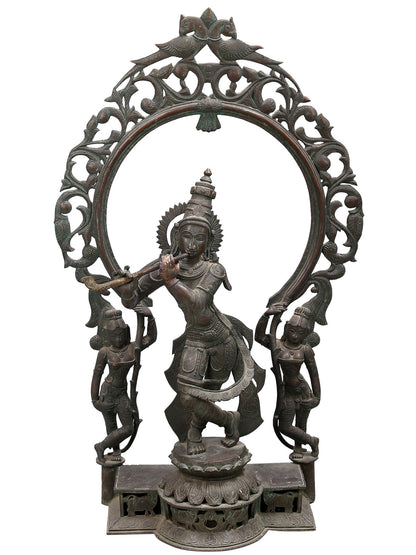 36" Large Lord Krishna Playing Flute Bronze Statue | Decorative Bronze Idol | Figurine For Gifting | Bronze Statue For Temple