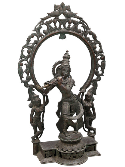 36" Large Lord Krishna Playing Flute Bronze Statue | Decorative Bronze Idol | Figurine For Gifting | Bronze Statue For Temple