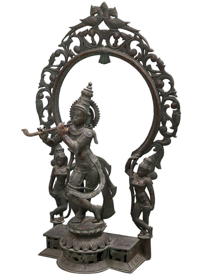 36" Large Lord Krishna Playing Flute Bronze Statue | Decorative Bronze Idol | Figurine For Gifting | Bronze Statue For Temple