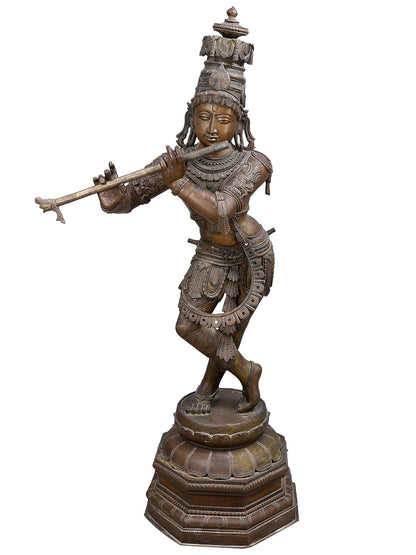 60" Large Lord Krishna Playing Flute On Lotus Base | Made In South India| Decorative Bronze Idol | Figurine For Gifting | Bronze Statue For Temple