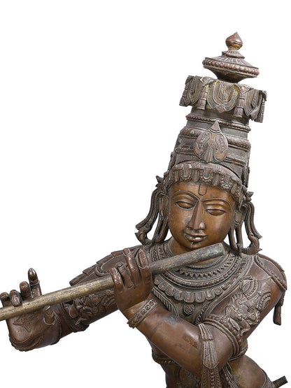 60" Large Lord Krishna Playing Flute On Lotus Base | Made In South India| Decorative Bronze Idol | Figurine For Gifting | Bronze Statue For Temple