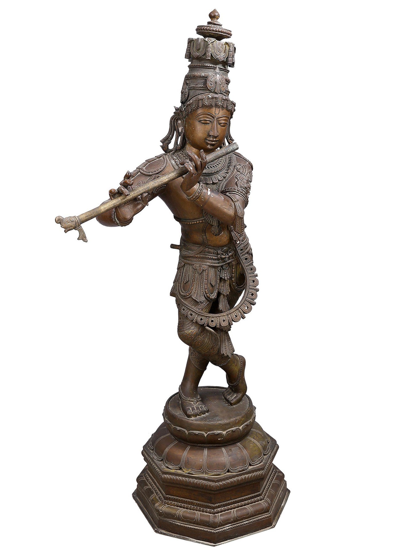 60" Large Lord Krishna Playing Flute On Lotus Base | Made In South India| Decorative Bronze Idol | Figurine For Gifting | Bronze Statue For Temple