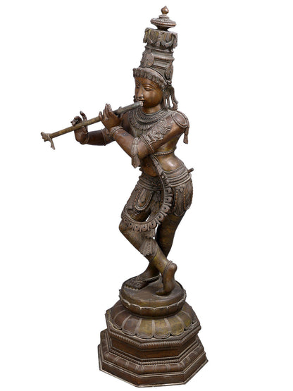 60" Large Lord Krishna Playing Flute On Lotus Base | Made In South India| Decorative Bronze Idol | Figurine For Gifting | Bronze Statue For Temple