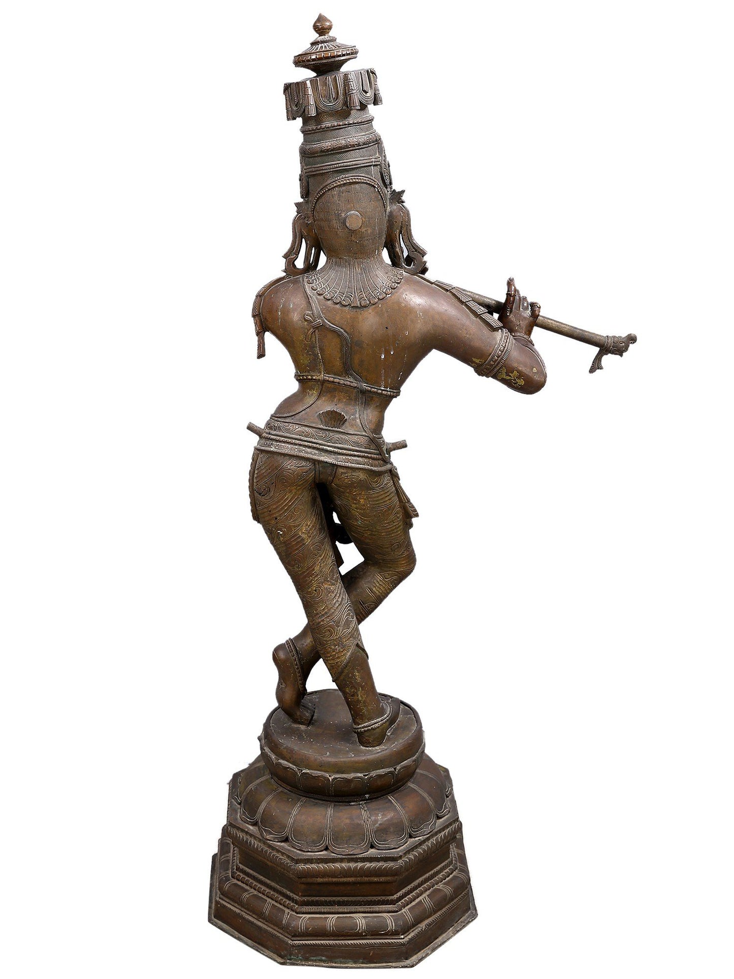 60" Large Lord Krishna Playing Flute On Lotus Base | Made In South India| Decorative Bronze Idol | Figurine For Gifting | Bronze Statue For Temple