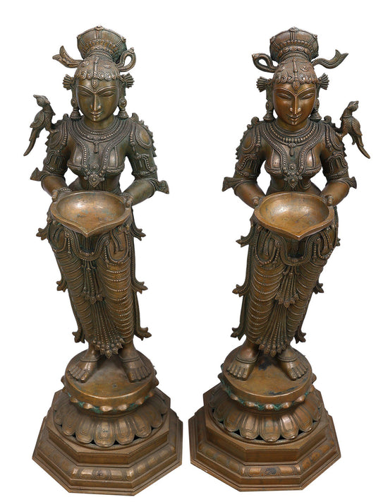 35" Large Deep Lakshmi Pair (Pavai Vilakku) | Decorative Bronze Idol | Figurine For Gifting | Bronze Statue For Temple