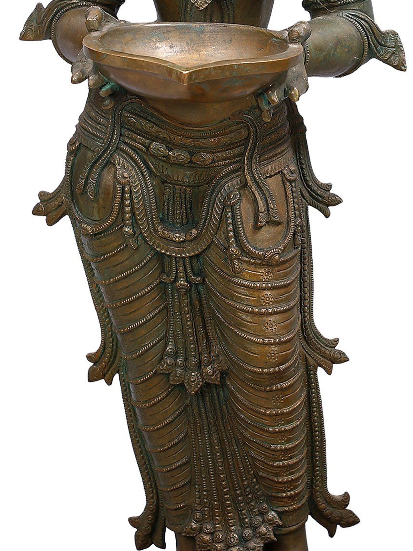 35" Large Deep Lakshmi Pair (Pavai Vilakku) | Decorative Bronze Idol | Figurine For Gifting | Bronze Statue For Temple