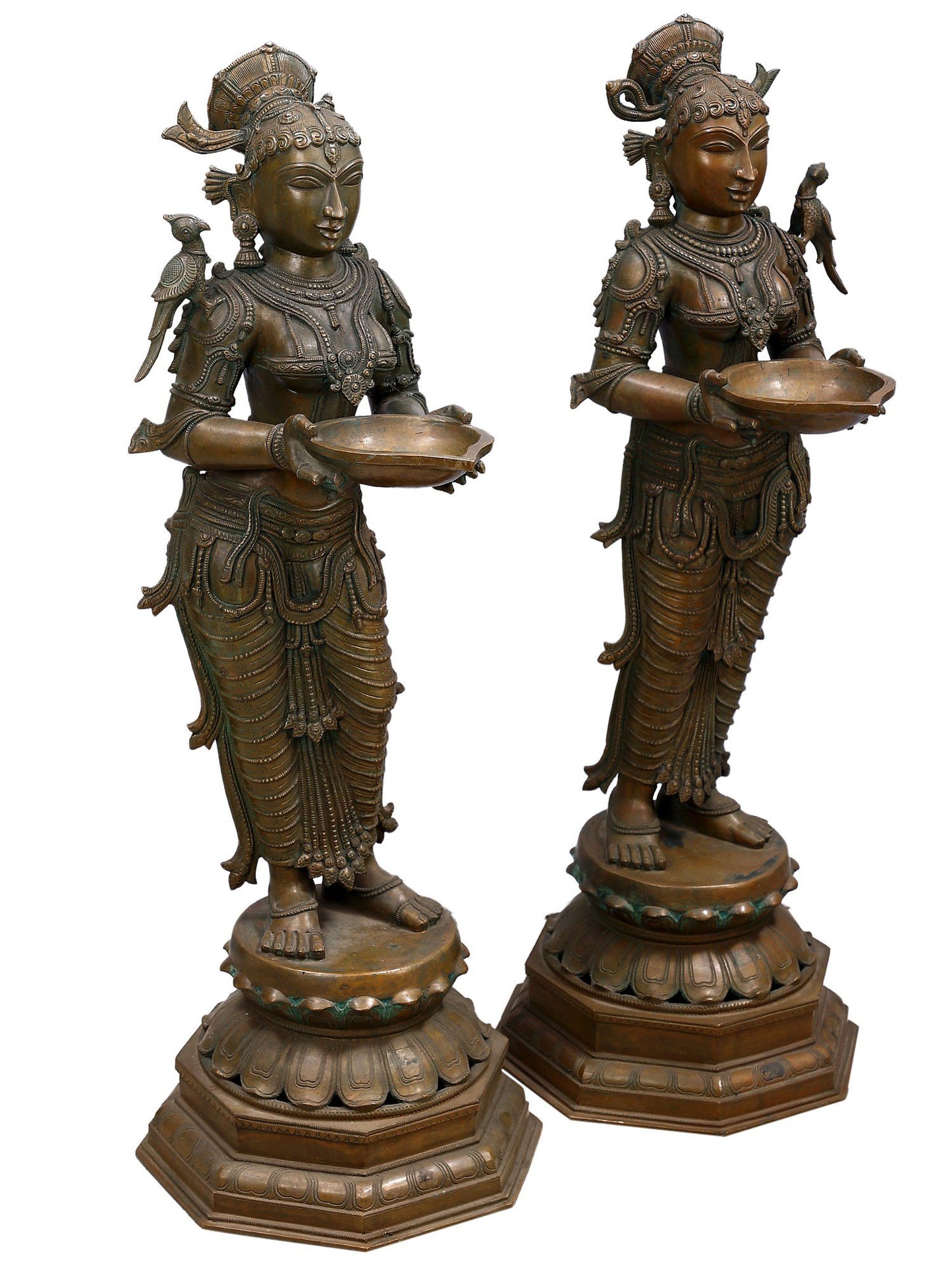 35" Large Deep Lakshmi Pair (Pavai Vilakku) | Decorative Bronze Idol | Figurine For Gifting | Bronze Statue For Temple