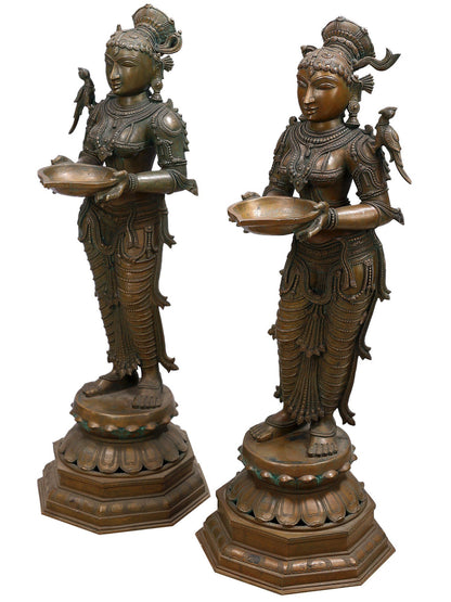 35" Large Deep Lakshmi Pair (Pavai Vilakku) | Decorative Bronze Idol | Figurine For Gifting | Bronze Statue For Temple