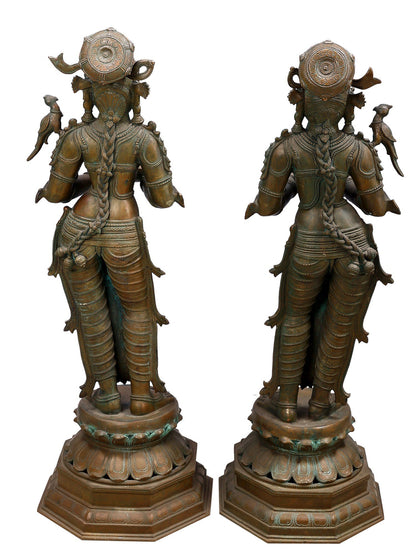 35" Large Deep Lakshmi Pair (Pavai Vilakku) | Decorative Bronze Idol | Figurine For Gifting | Bronze Statue For Temple