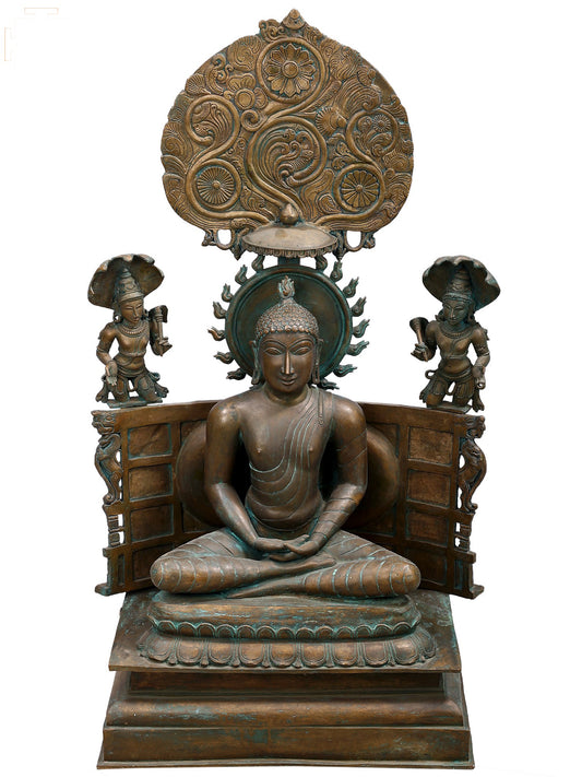 36" Large Meditating Buddha With His Two Disciples | Decorative Bronze Idol | Figurine For Gifting | Bronze Statue For Temple