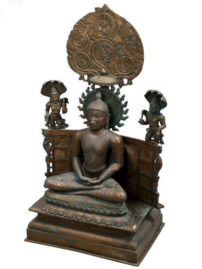 36" Large Meditating Buddha With His Two Disciples | Decorative Bronze Idol | Figurine For Gifting | Bronze Statue For Temple