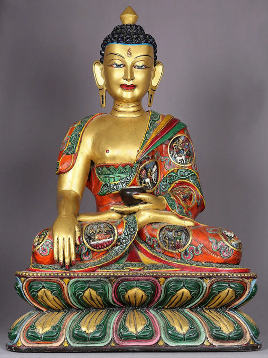 14" Wooden Lord Shakyamuni Buddha | Handmade Wooden Sculpture