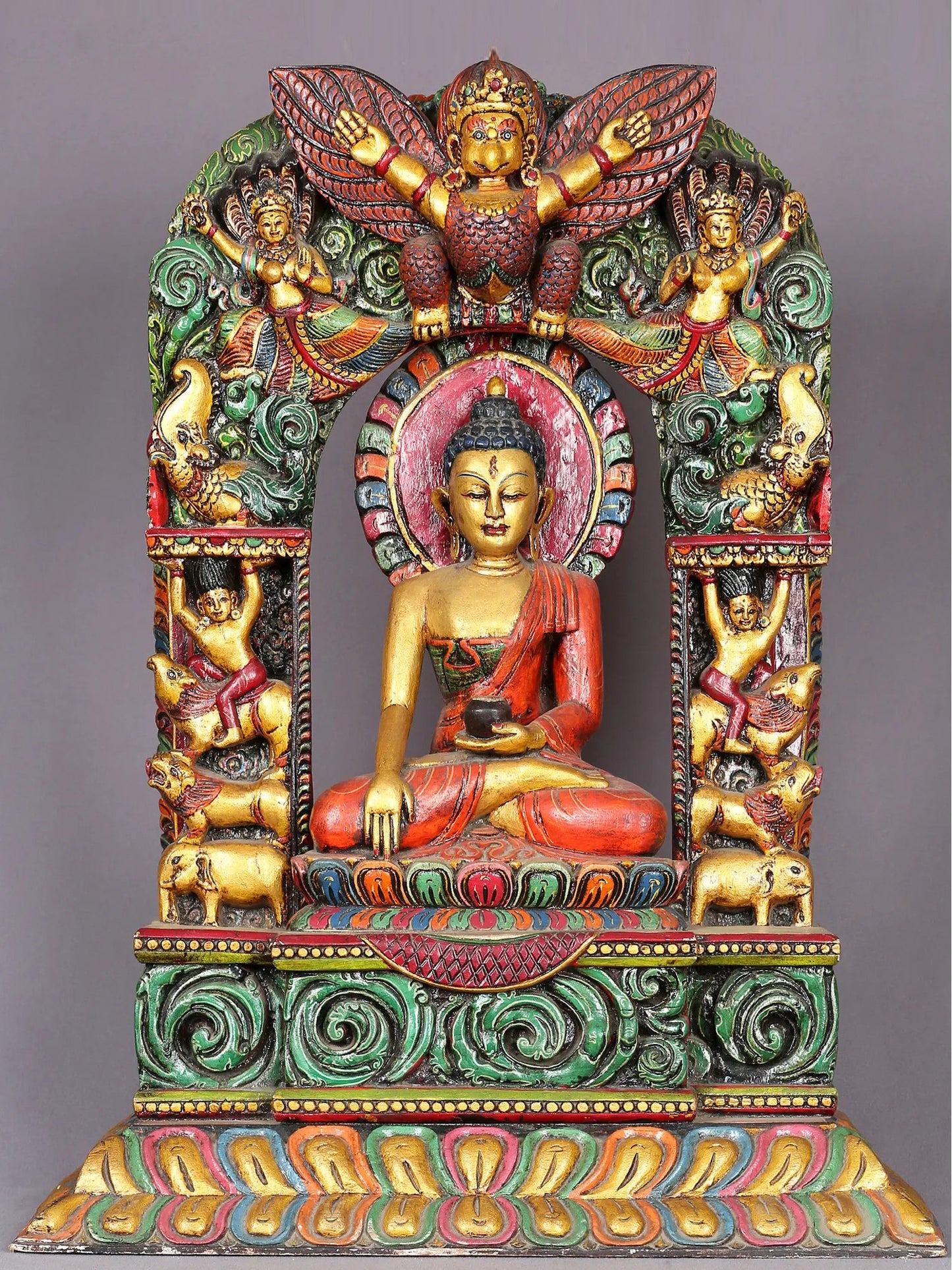 14" Wooden Lord Shakyamuni Buddha Sculpture | Handmade Wooden Sculpture