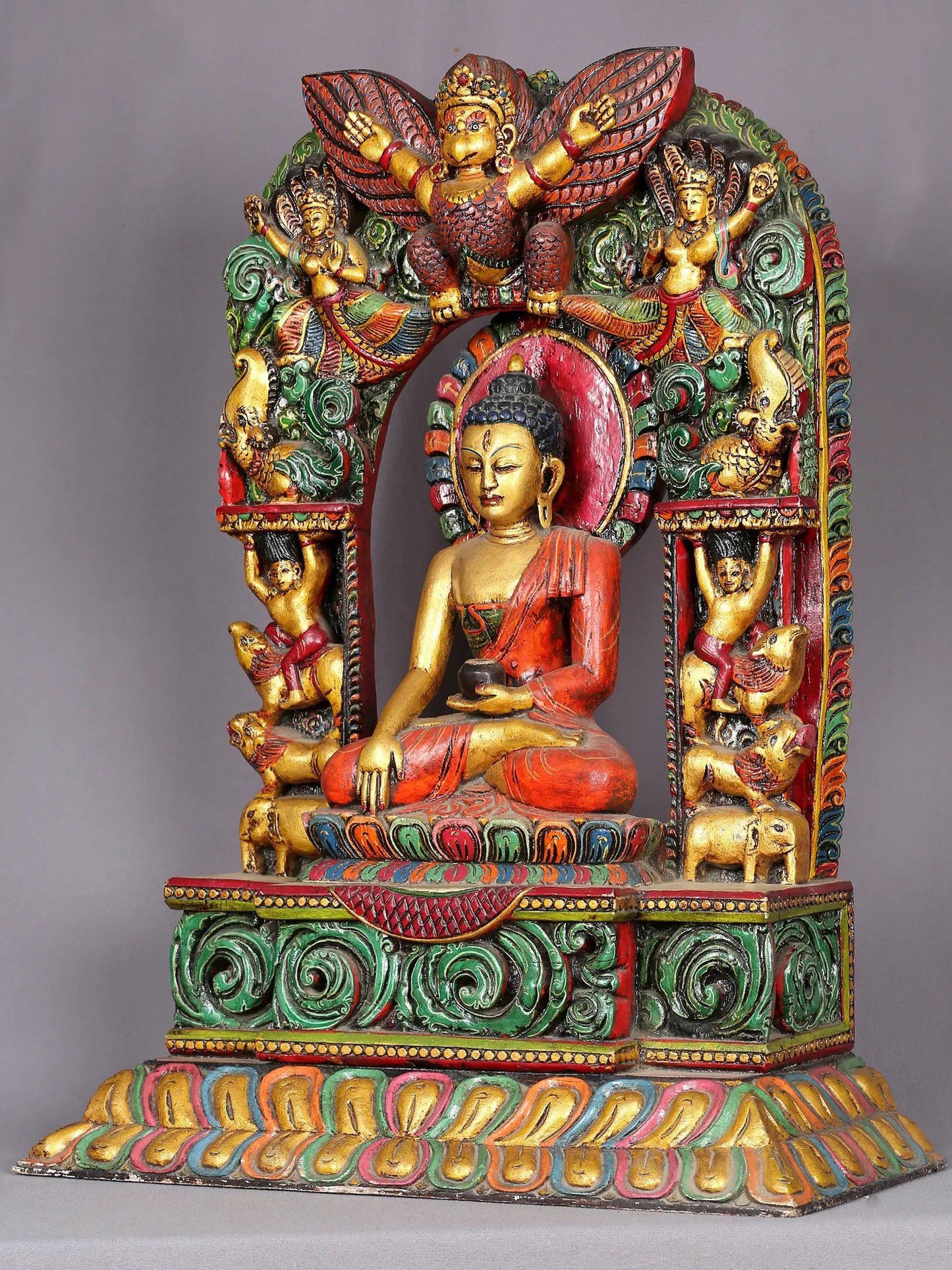 14" Wooden Lord Shakyamuni Buddha Sculpture | Handmade Wooden Sculpture