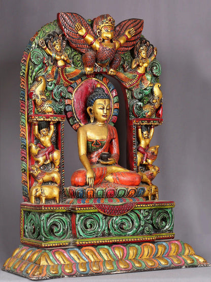 14" Wooden Lord Shakyamuni Buddha Sculpture | Handmade Wooden Sculpture