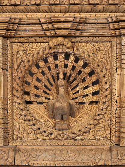 35" Large Peacock Design Nepalese Wooden Window | Handmade Sculpture