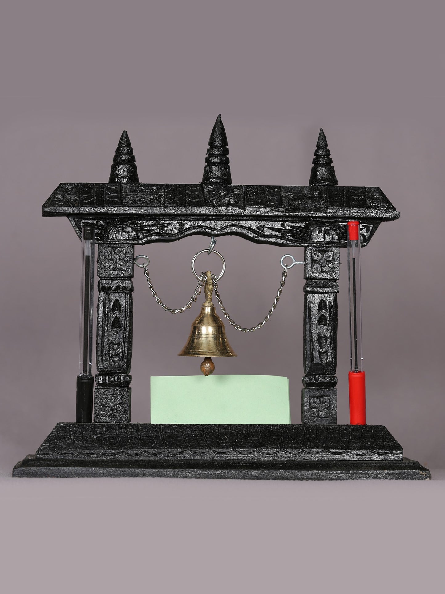 10" Wooden Temple with Brass Bell | Handmade Sculpture