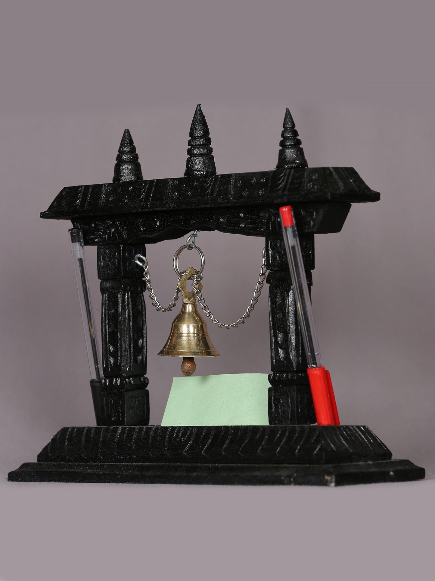 10" Wooden Temple with Brass Bell | Handmade Sculpture