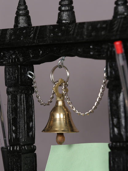 10" Wooden Temple with Brass Bell | Handmade Sculpture