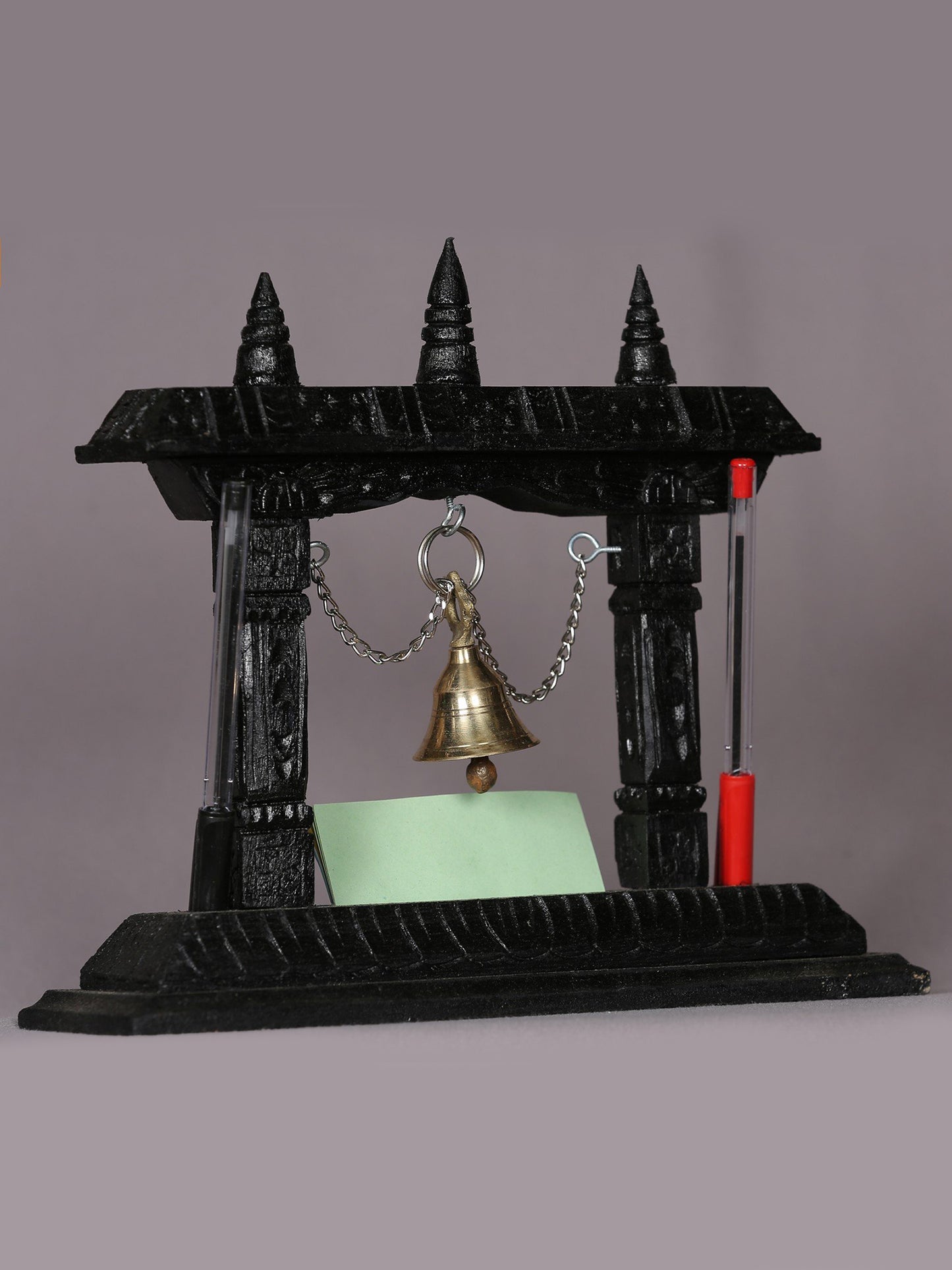 10" Wooden Temple with Brass Bell | Handmade Sculpture