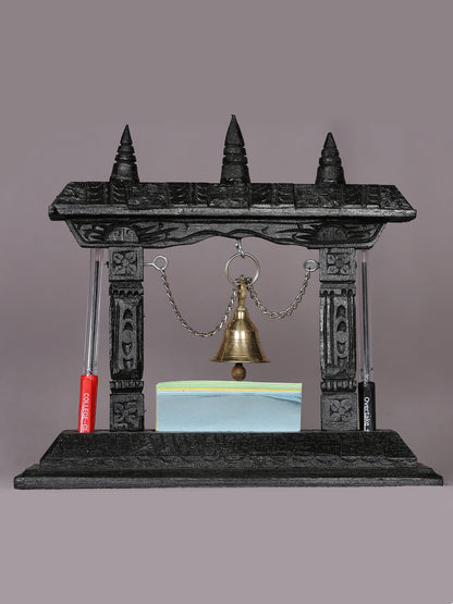 10" Wooden Temple with Brass Bell | Handmade Sculpture