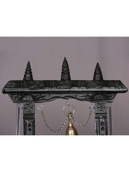 10" Wooden Temple with Brass Bell | Handmade Sculpture