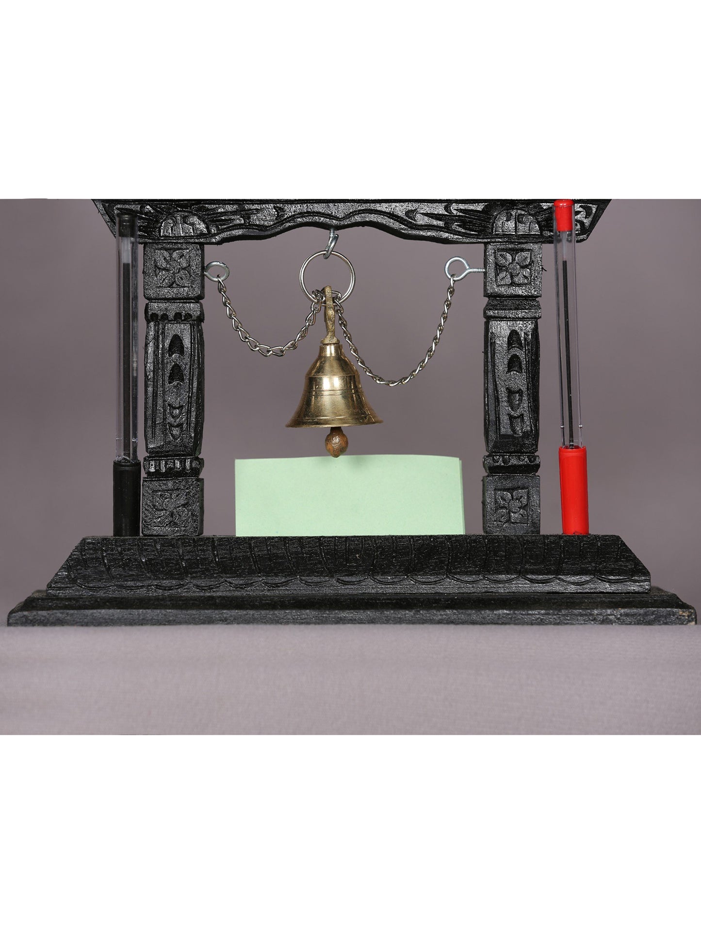 10" Wooden Temple with Brass Bell | Handmade Sculpture