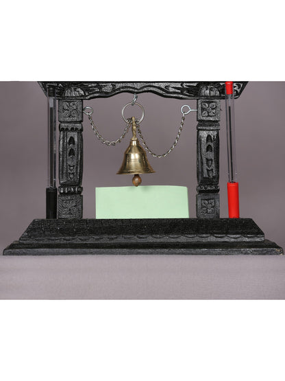 10" Wooden Temple with Brass Bell | Handmade Sculpture