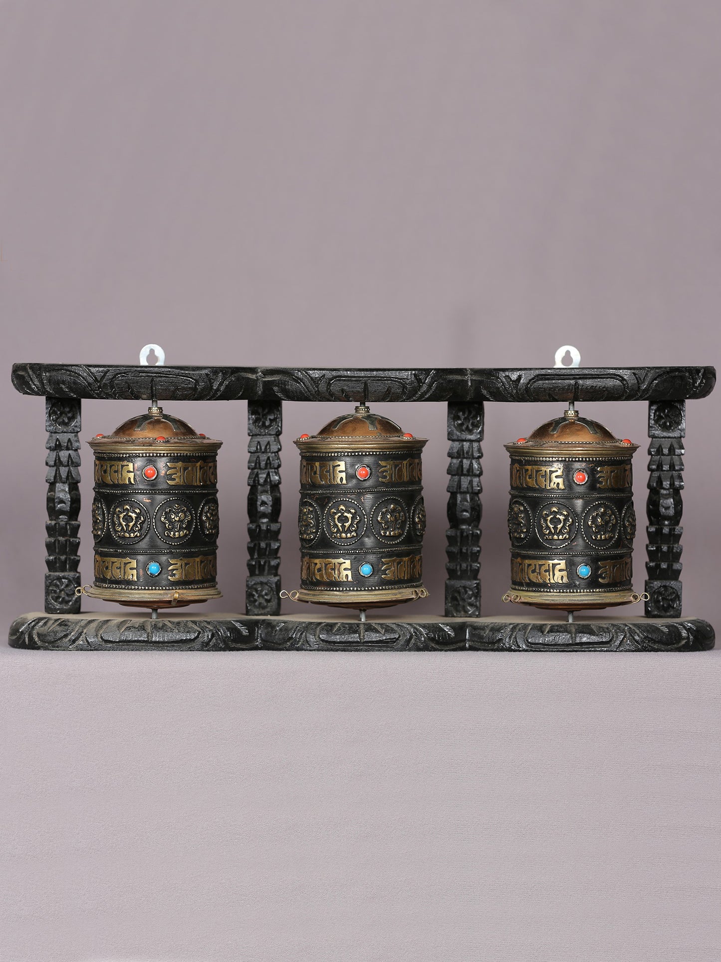 16" Wooden Tibetan Buddhist Spinning Prayer Triple Wheel | Handmade