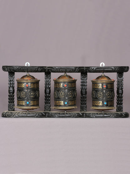 16" Wooden Tibetan Buddhist Spinning Prayer Triple Wheel | Handmade