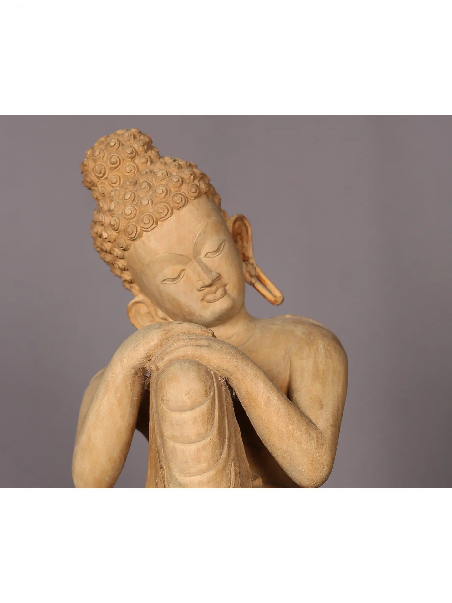 11" Wooden Thinking Lord Buddha Statue | Handmade Wooden Sculpture