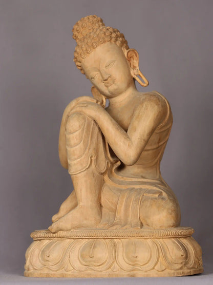 11" Wooden Thinking Lord Buddha Statue | Handmade Wooden Sculpture