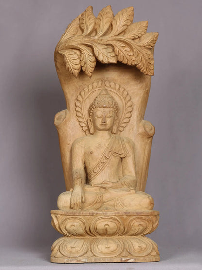 18" Wooden Shakyamuni Buddh Under Tree | Handmade Wooden Sculpture