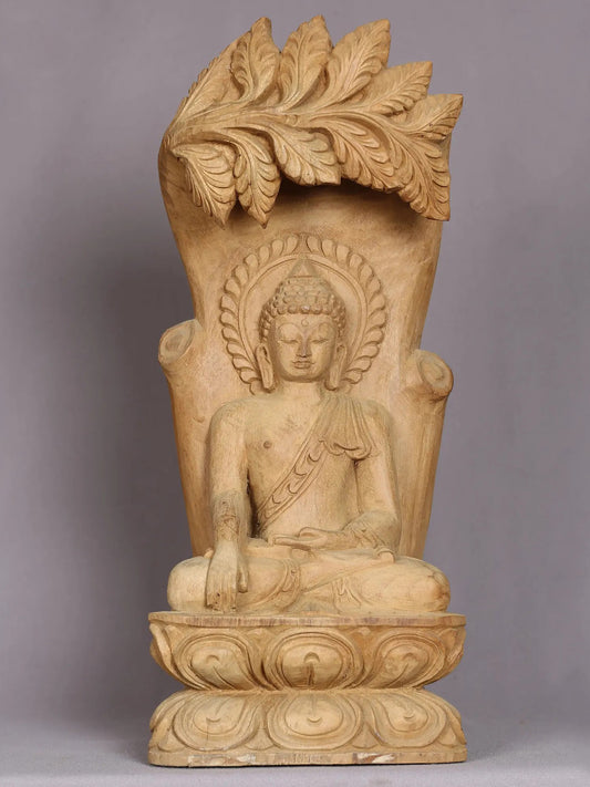 18" Wooden Shakyamuni Buddh Under Tree | Handmade Wooden Sculpture