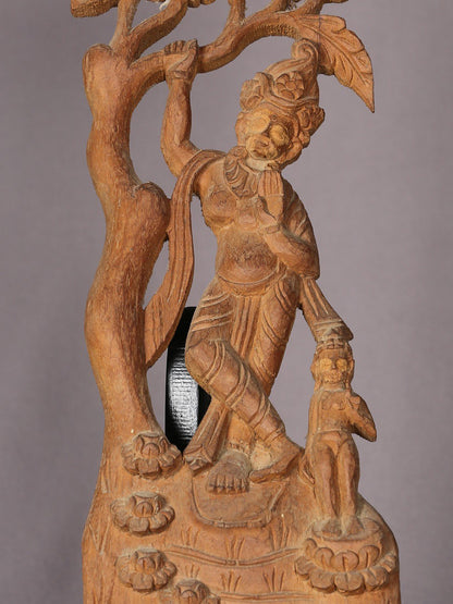 12" Wooden Maya Devi Sculpture | Handmade Wooden Sculpture