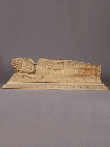 24" Wooden Lord Sleeping Buddha Sculpture | Handmade Wooden Sculpture