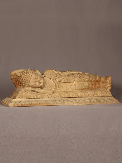 24" Wooden Lord Sleeping Buddha Sculpture | Handmade Wooden Sculpture