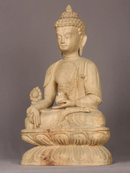 16" Wooden Lord Medicine Buddha Sculpture | Handmade Sculpture