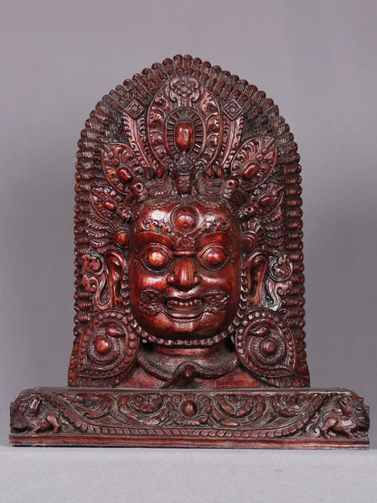 14" Wooden Lord Mahakala Face Statue | Handmade Wooden Sculpture