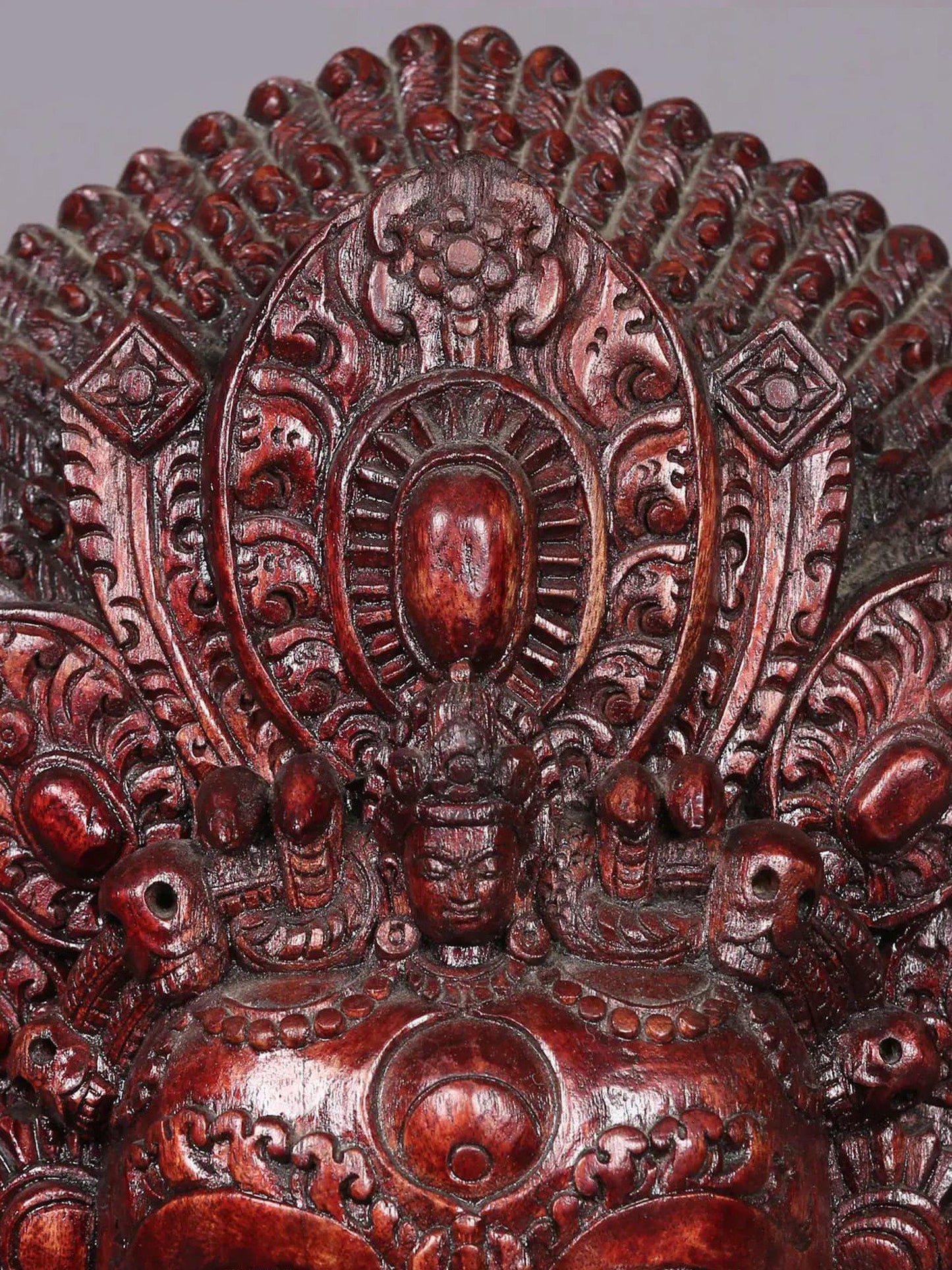 14" Wooden Lord Mahakala Face Statue | Handmade Wooden Sculpture