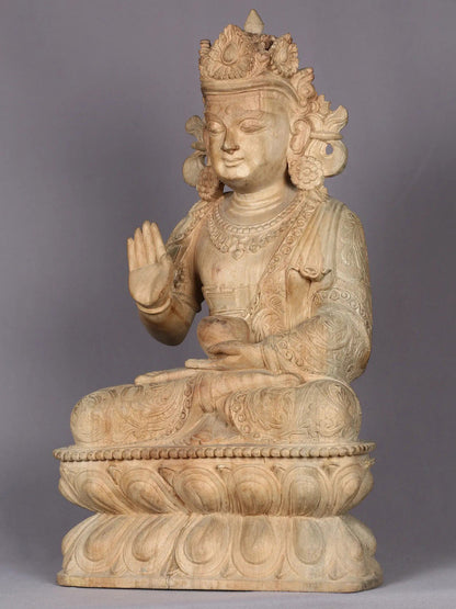 20" Wooden Crowned Lord Buddha Sculpture | Handmade Wooden Sculpture