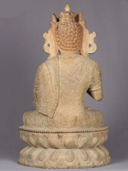 20" Wooden Crowned Lord Buddha Sculpture | Handmade Wooden Sculpture