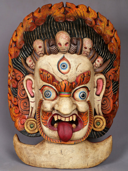 25" Wooden White Bhairava Mask | Handmade Mask Sculpture