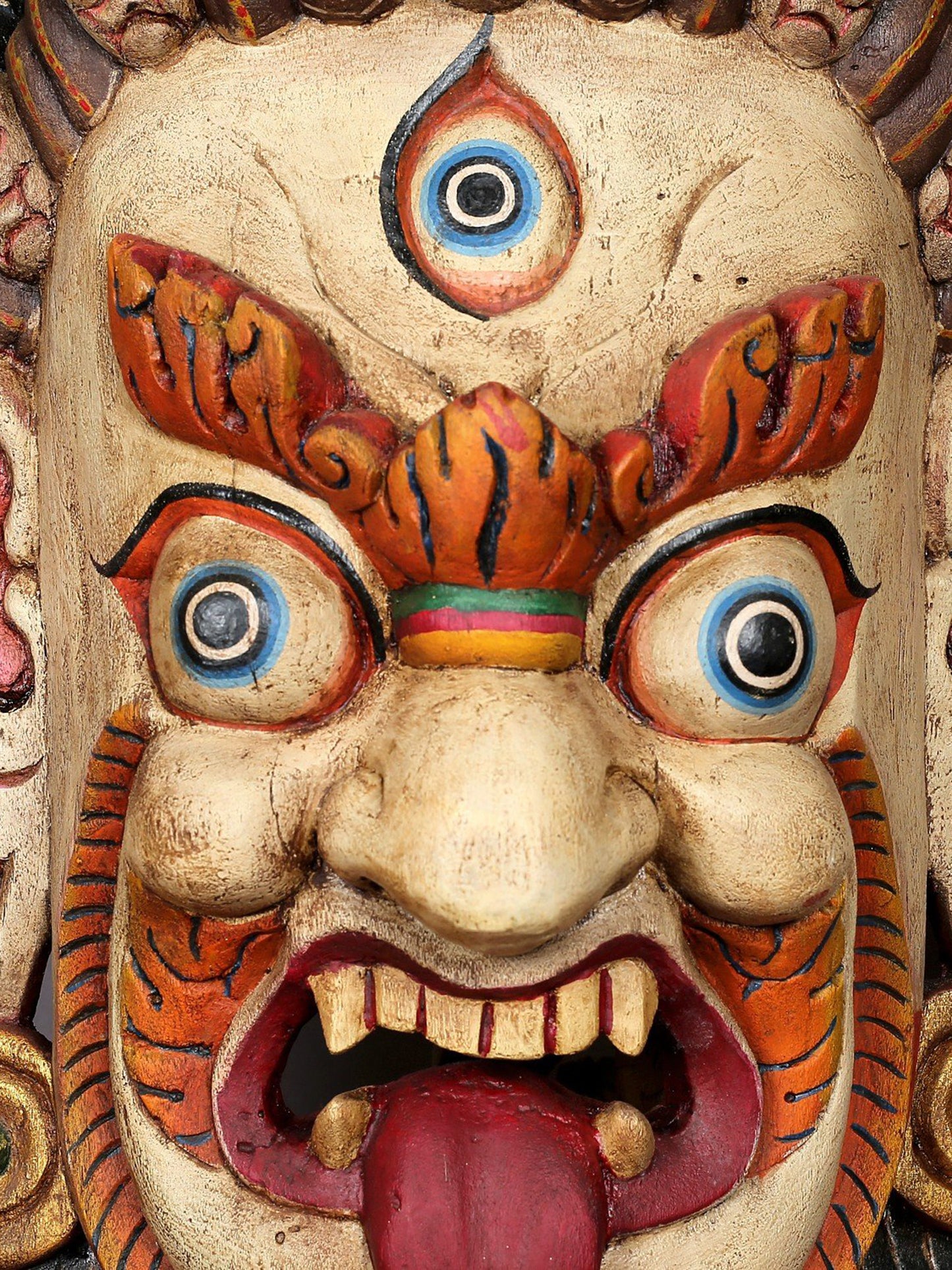 25" Wooden White Bhairava Mask | Handmade Mask Sculpture